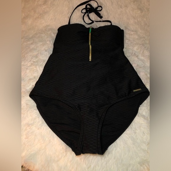 VENUS Lascana Black Bandeau One-Piece Swimsuit with gold zipper size 8 C/D - Picture 3 of 14